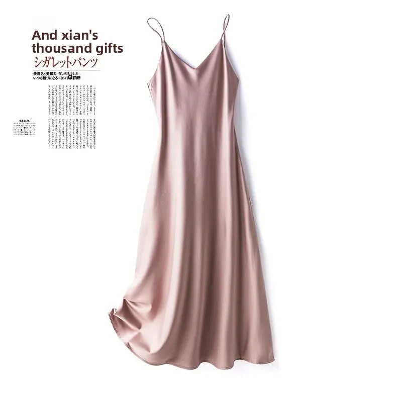 Silk V-neck Slim-fit Satin Dress Sexy Strap Long Gown for Women New 2025 Spring Summer Inner Wear Dress Elegant Lady Dress
