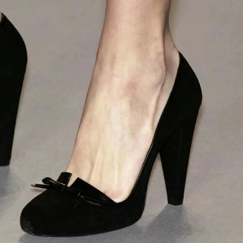 Black Vintage Bow Pumps Spike High Heels Round Toe Suede Upper Unique Elegant Women Summer Slip On Casual Office Lady Shoes