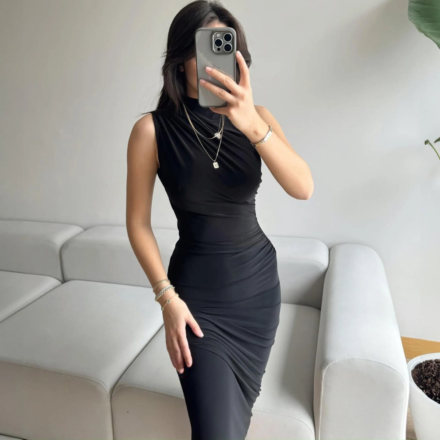 YUZHEXI elegant sleeveless ruched midi dress women commuter bodycon solid color robe black red pink split clothes summer