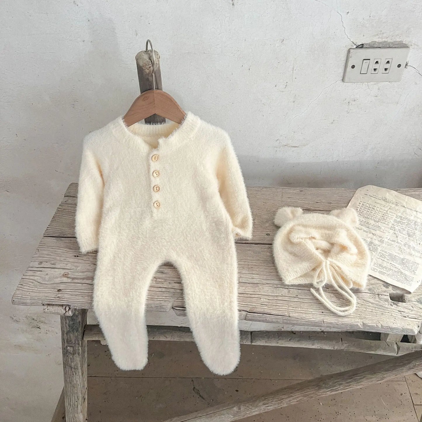 Baby Outfit Newborn Photography Props Mohair Knitted Bear Rompers Footed Jumpsuit Hat 2pcs/Sets Photography Clothing Accessories