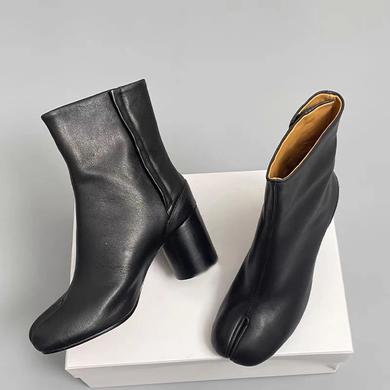 Split Toe Chunky Heels Ankle Boots Women Brand Designer Tabi Short Boots Autumn Winter INS Style Genuine Leather Female Shoes