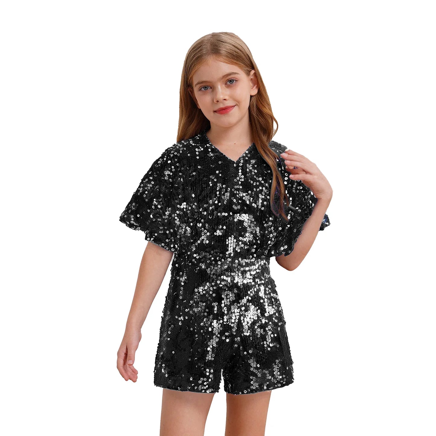 Kids Girls Shorty Unitard Sleeveless Sequin Rompers Leotard Bodysuit Performance Children Jazz Modern Dance Party Tap Costumes