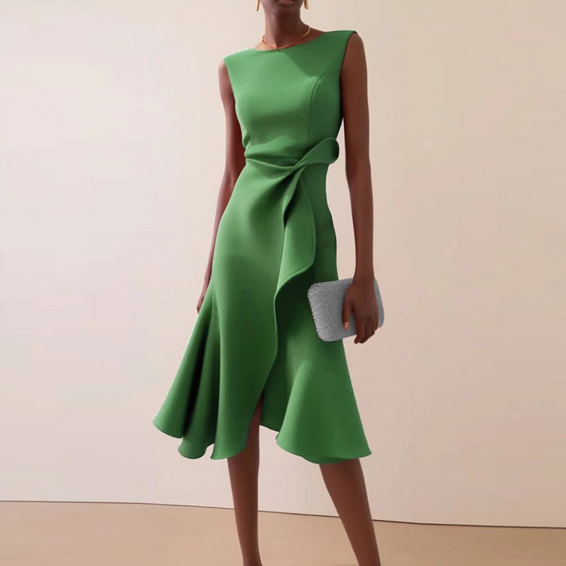 Sexy Women Elegant O Neck Solid Commute Knot Slim Ruffled Irregular Summer Sleeveless A-Line Hight Split Wedding Party Dresses