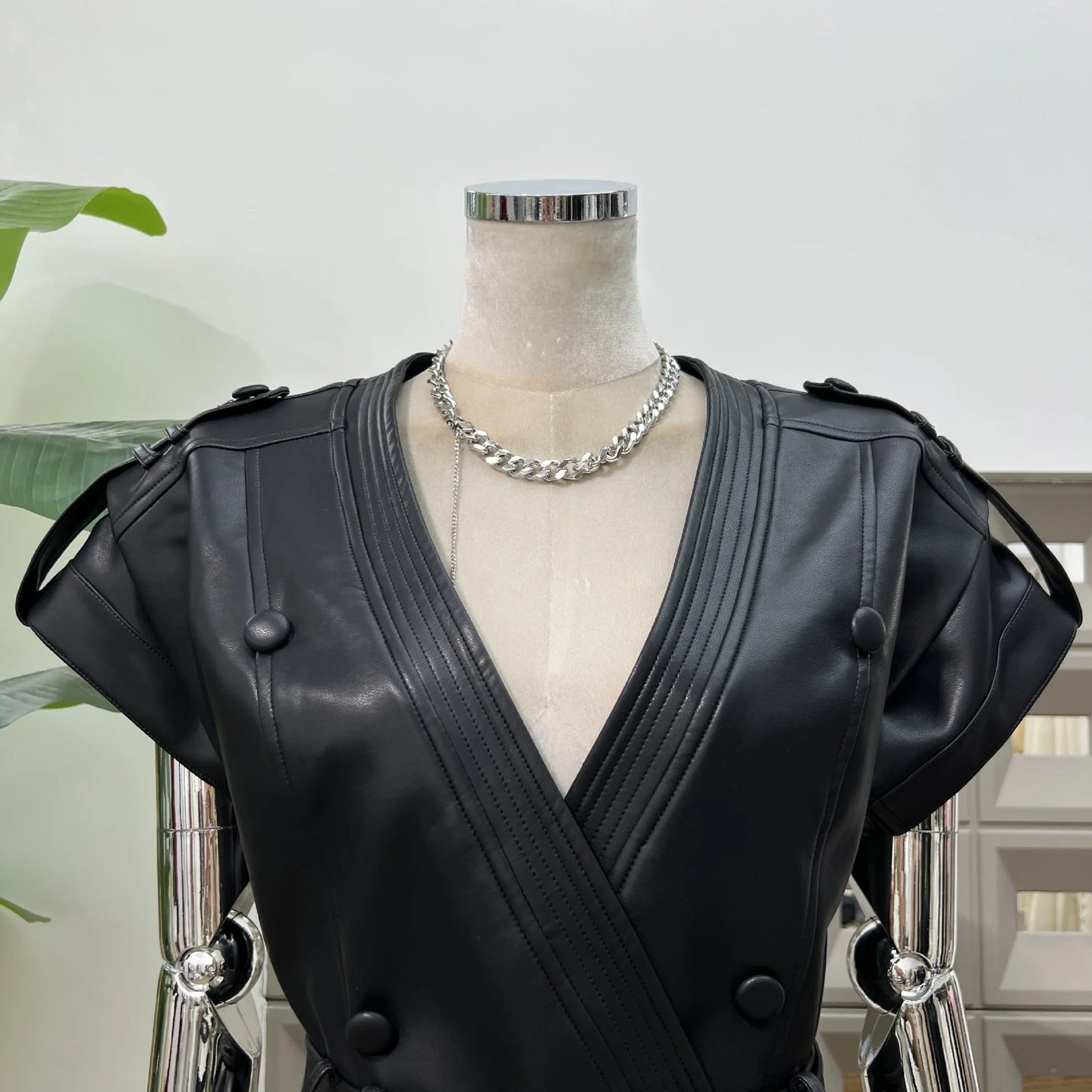 DFDG 2025 Women’s V-Neck Wide Shoulder Overlap Placket Double Breasted PU Leather Bodycon Dress Unique Design Cocktail Dress