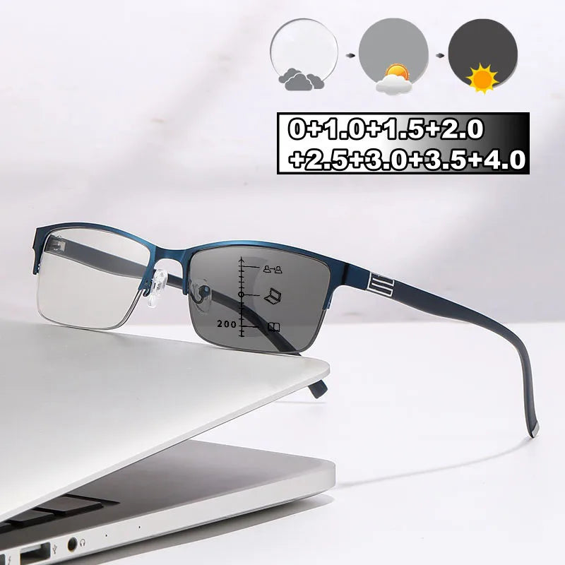 Photochromic Multifocal Reading Glasses Half Frame Color Changing Fashion Presbyopia Trendy Far Sight Sunglasses for Men Women