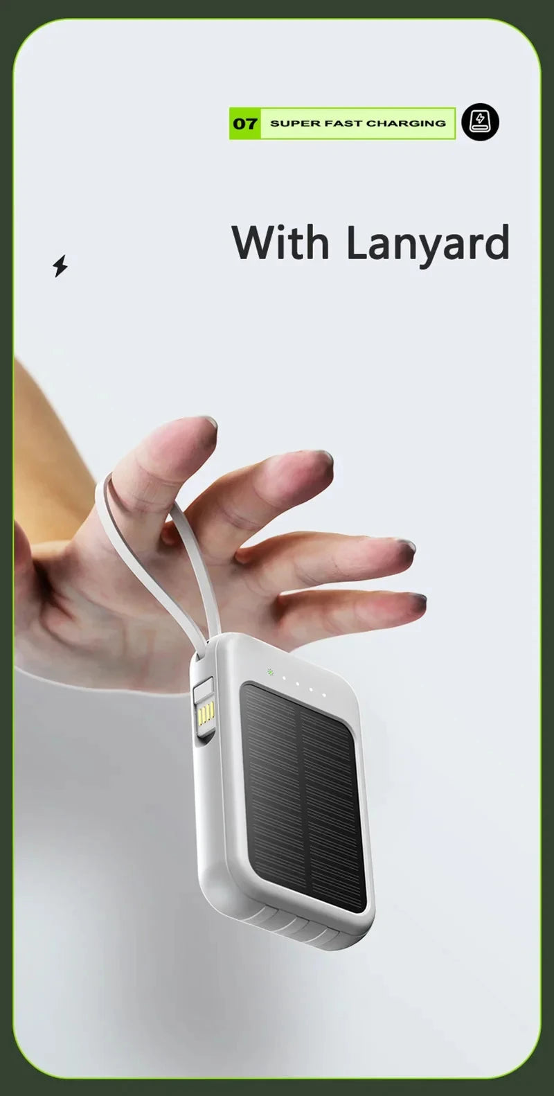 50000mAh High Capacity Solar Power Bank Built in Cable Solar Charger 2-USB Ports External Charger Power Bank LED Light 2026 New