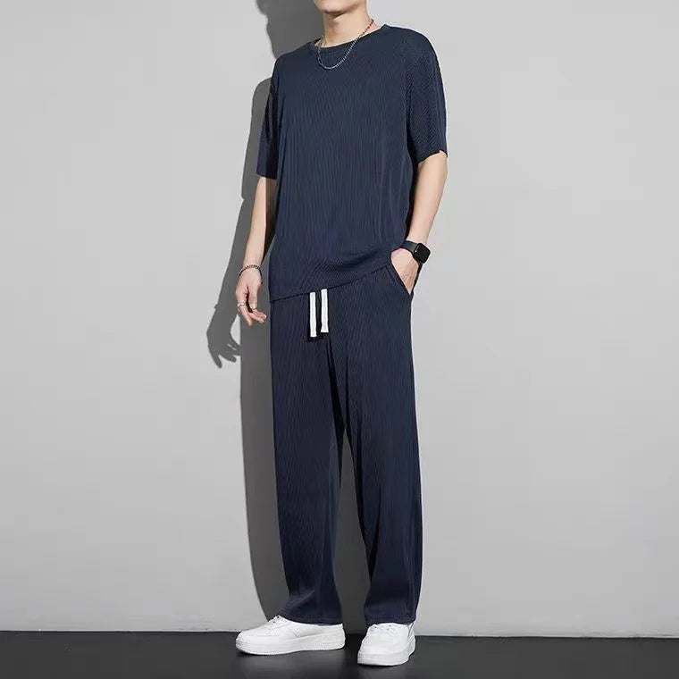 Men's Wrinkled Ice Silk Sports Set 2024 Summer New Short sleeved Long Pants Two piece Set Fashionable, Breathable, and Cool 3