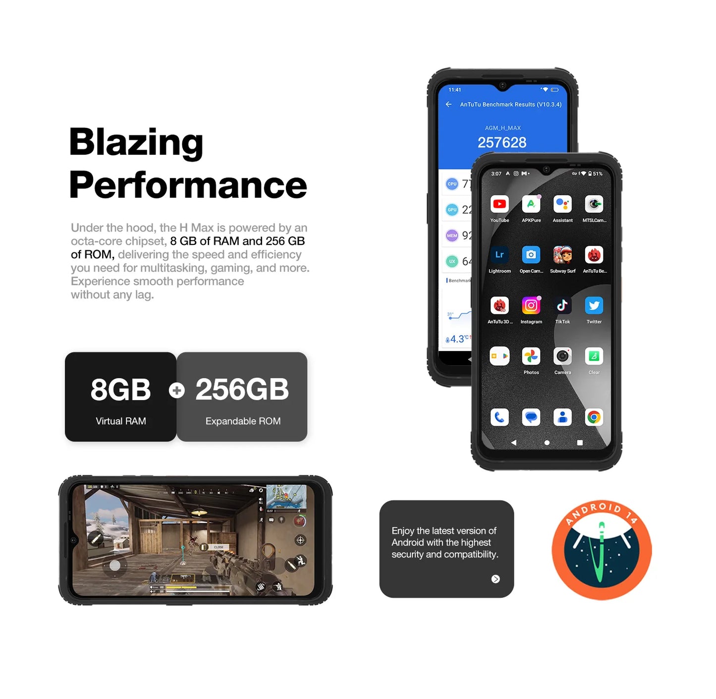 AGM H MAX Rugged Smartphone 8+256GB 10000mAh Battery  HD+ Display 3 Card Slot NFC OTG Reverse Charge Waterproof