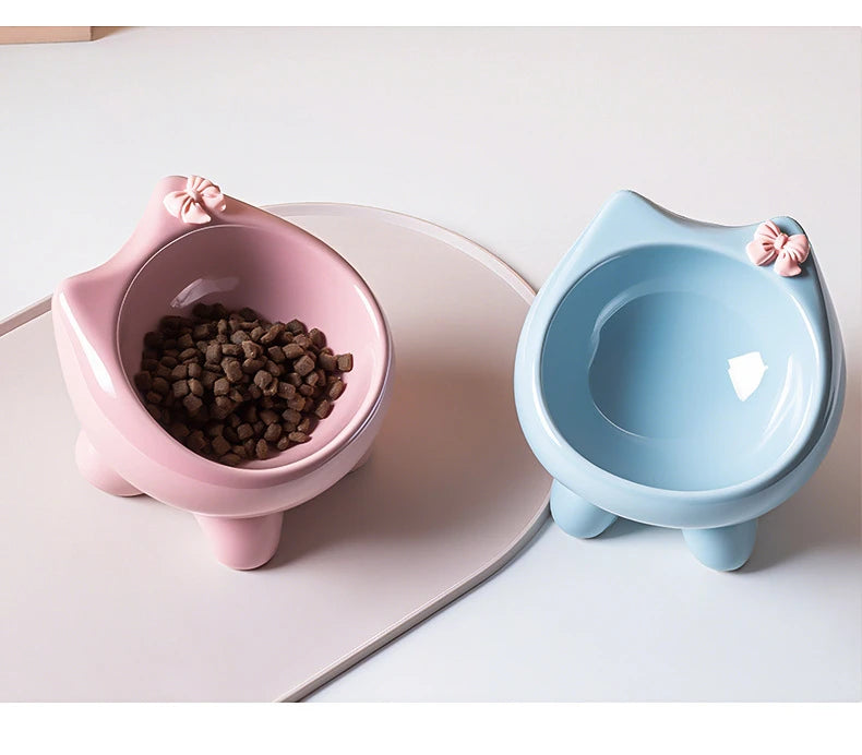 Ceramic Heightening Bowl Set | Cute Macaron Color Series，Slanted Spill-Proof，Cat Slow Feeder Bowl，InsEasy to Clean，Multi-Color O