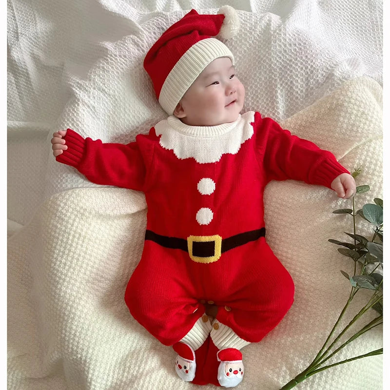 Infant Christmas Outfits Baby Romper Clothes Winter Red Santa Claus Knitted Newborn Infant Boy Girl Christmas Gift Jumpsuits+Hat