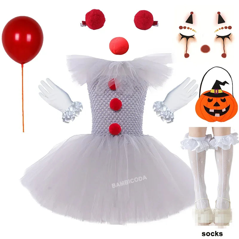 Halloween Pennywise Costume Creepy Clown Gray Tutu Dress Outfit Girls Fancy Carnival Party Tulle Dresses Joker Clothes