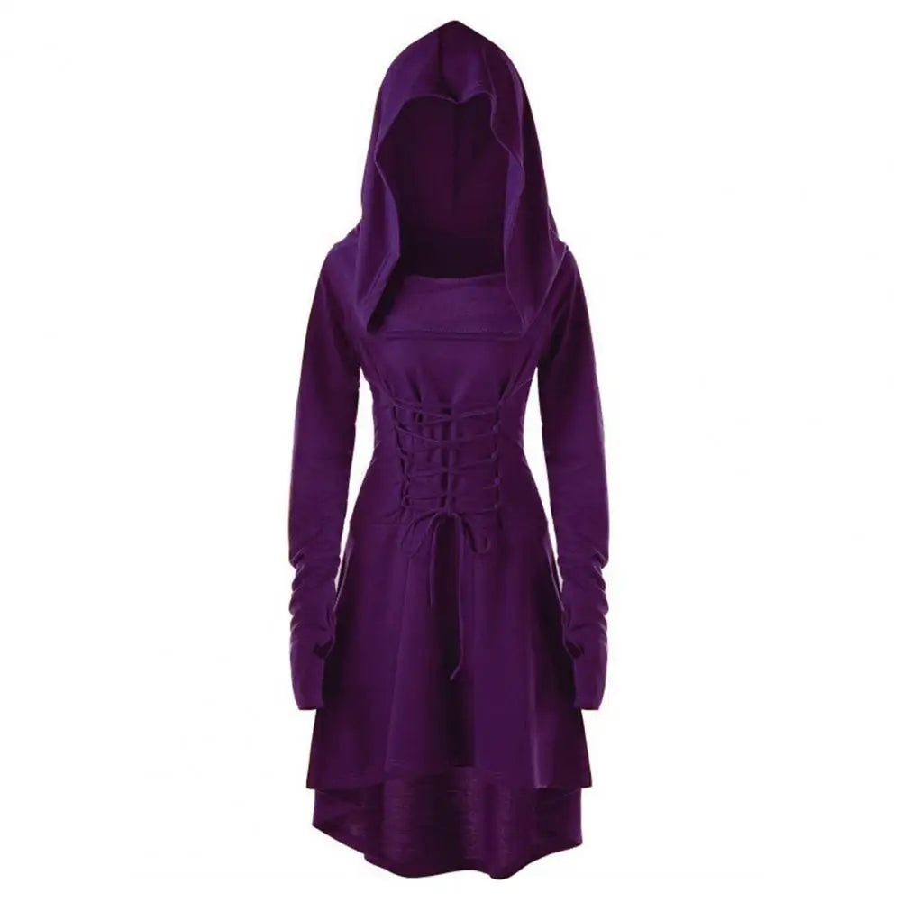 Women Milk Silk Dress Hooded Long Sleeves Lace-up Strap Slim Waist Irregular Hem Women Midi Dress Festival Party Halloween Dress