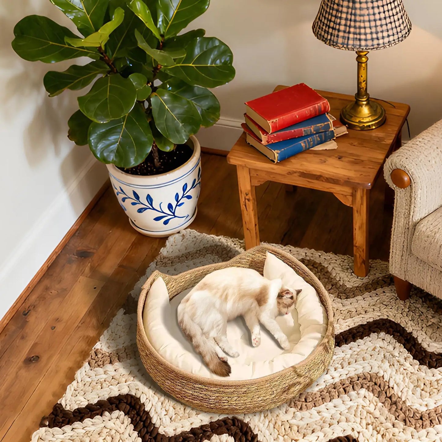 Pet Bed Soft Cat Kennel Dog Beds Sofa Bamboo Weaving Four Season Cozy Nest Baskets Removable Cushion Sleeping Bag