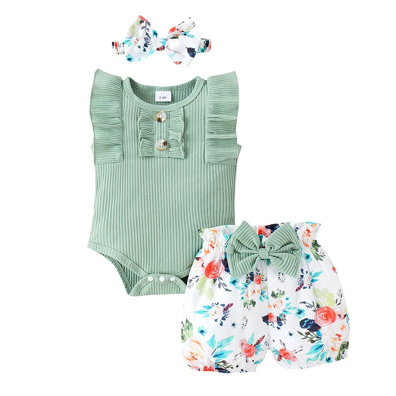 Baby Girl Summer Set Sleeveless Frill Trim Ribbed Romper Elastic Waist Shorts Bow Headband Infant Toddler 3 Piece Outfit