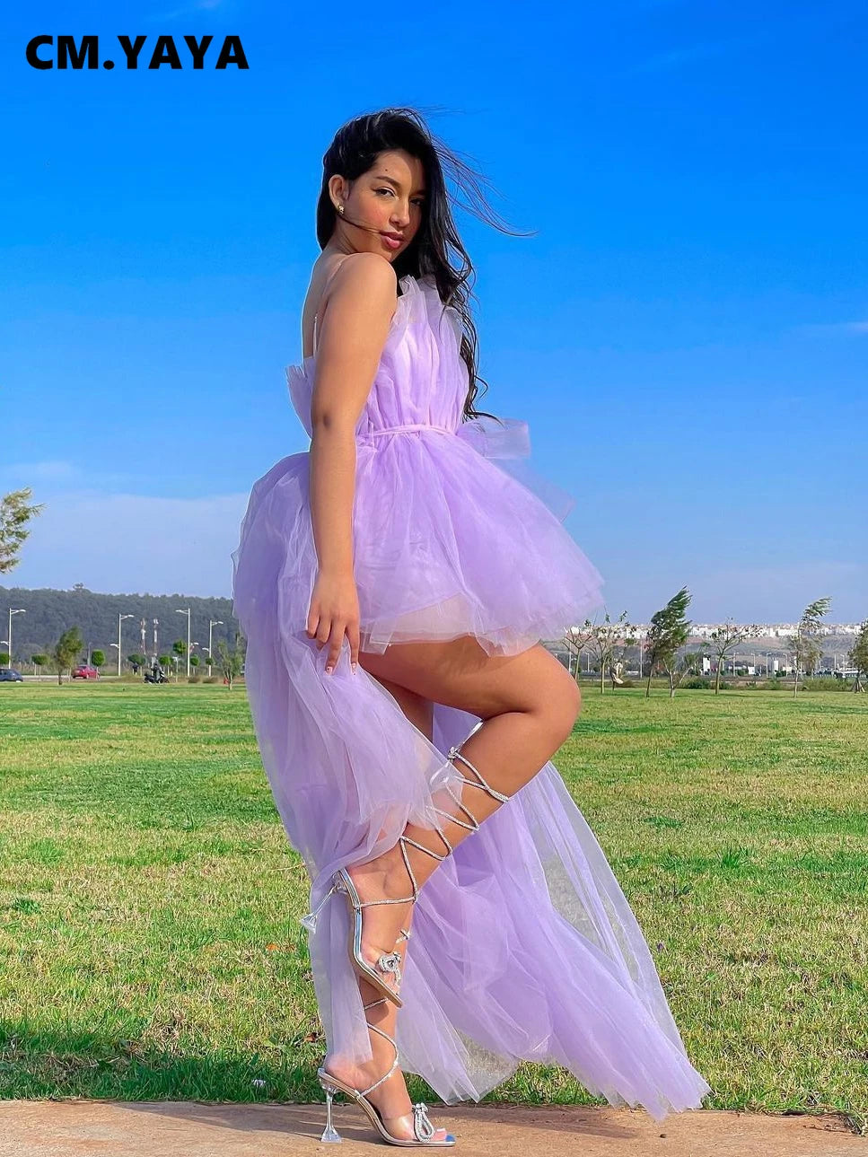 CM.YAYA Women Strapless Mesh Ball Gown High Low Irregular Cocktail Dress 2023 Autumn Vestidos Sexy Party Even Dresses