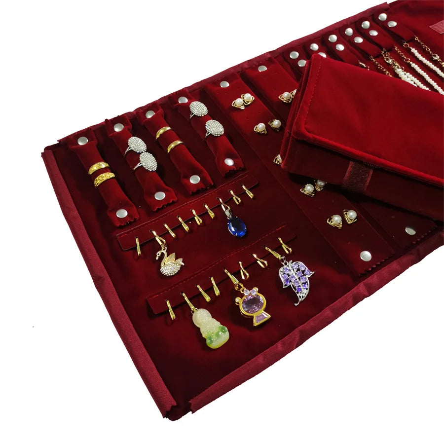 Burgundy Velvet Jewelry Roll Bag Portable Foldable for Necklace Earrings Ring Travel Exhibitions Organizer Storage Bag