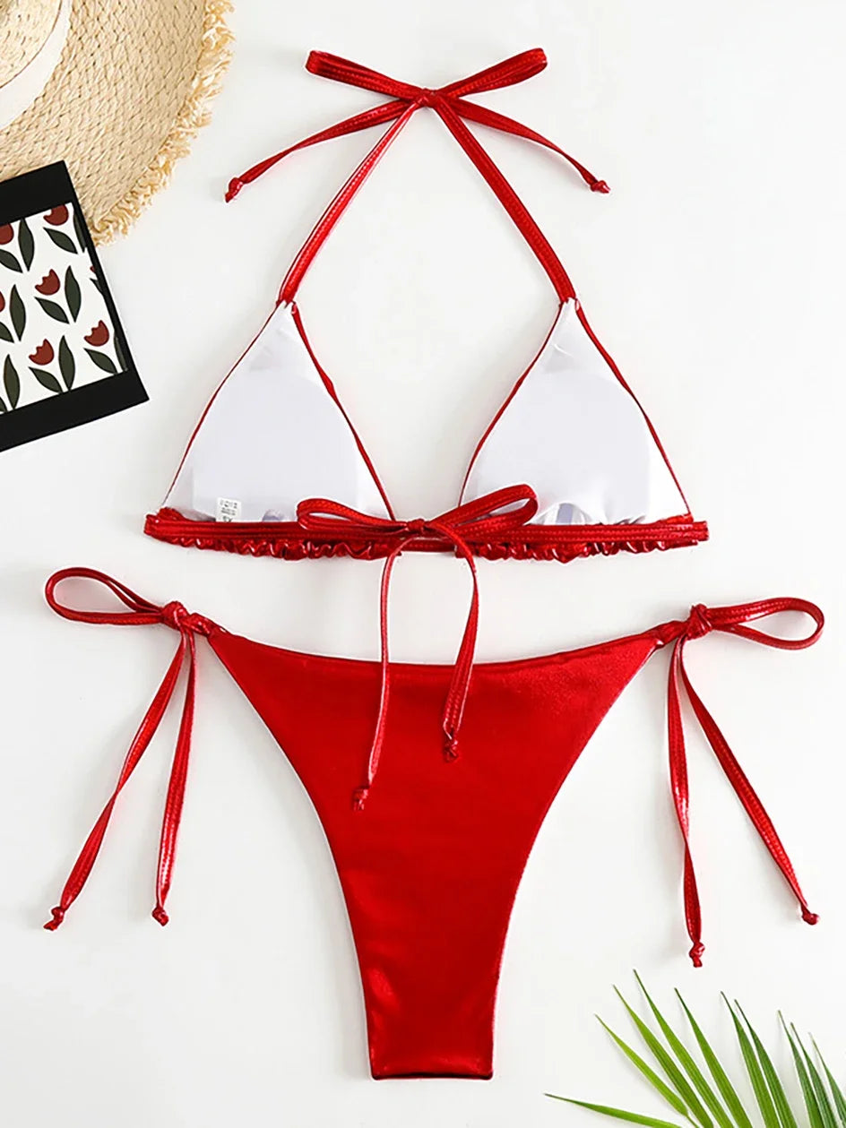 Sexy Metallic Halter Bikinis Sets Lace Up Triangle Tie Side Bikini 2026 Swimsuit Women Swimwear Brazilian Female Bathing Suits