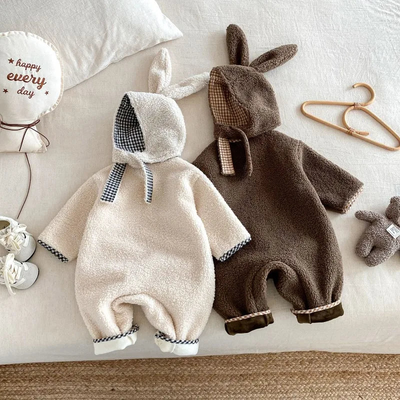 New Autumn Winter Baby Girl Boy Romper with Bunny Hat Cute Pocket Design Warm Infant Long Sleeve One-Piece Jumpsuit B5066