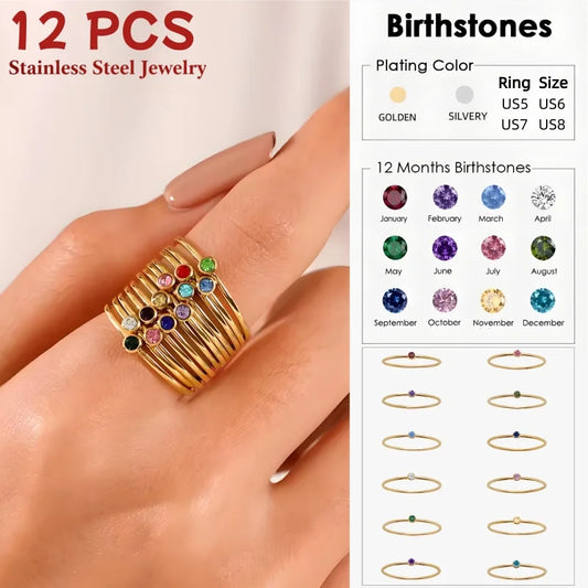 14K Gold Plated Stainless Steel Birthstone Ring for Women Tiny Thin Stacking Ring Colorful Zircon Crystal Aesthetic Jewelry Gift