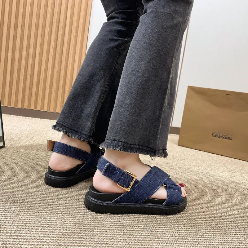 Denim Cross-strap Thick Sole Sandals Women 2025 New Summer Platform Shoes  Woman Outdoor Casual Sports Beach Shoes Slippers