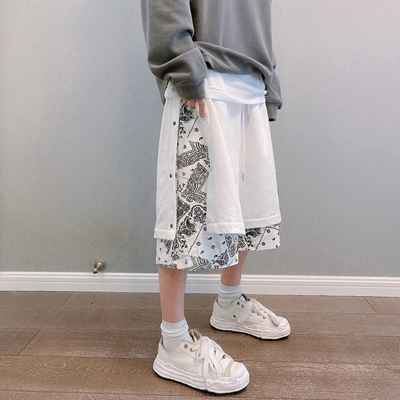 Men's Faux 2 Layer Breasted Bandana Shorts Spring Summer High Street Pants Oversize Paisley Harajuku Hip Hop Trousers 2025 Z1