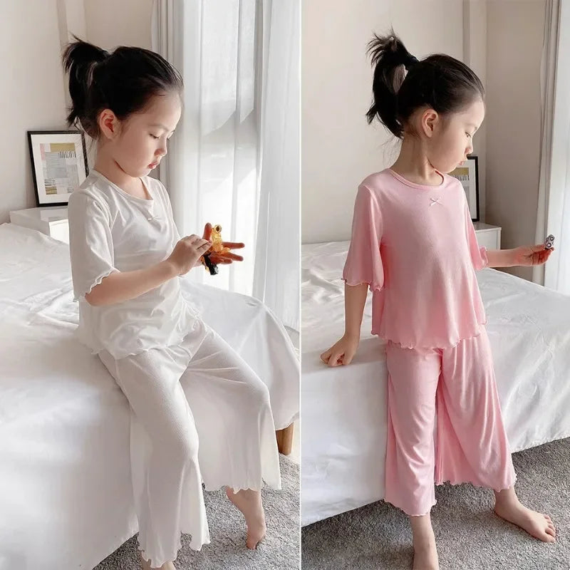 Girls Ice Silk Set Thin Children Homewear Clothes Summer Kids Air Conditioning Short Sleeve Children Sets Girl Pajamas Outfit