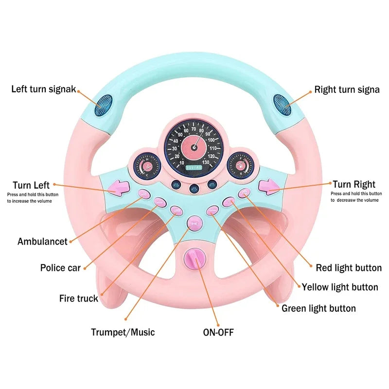Toddler Steering Wheel Toy Backseat Travel Essentials with Lights Sounds Pretend Play Driving Simulator Educational Gift for Kid