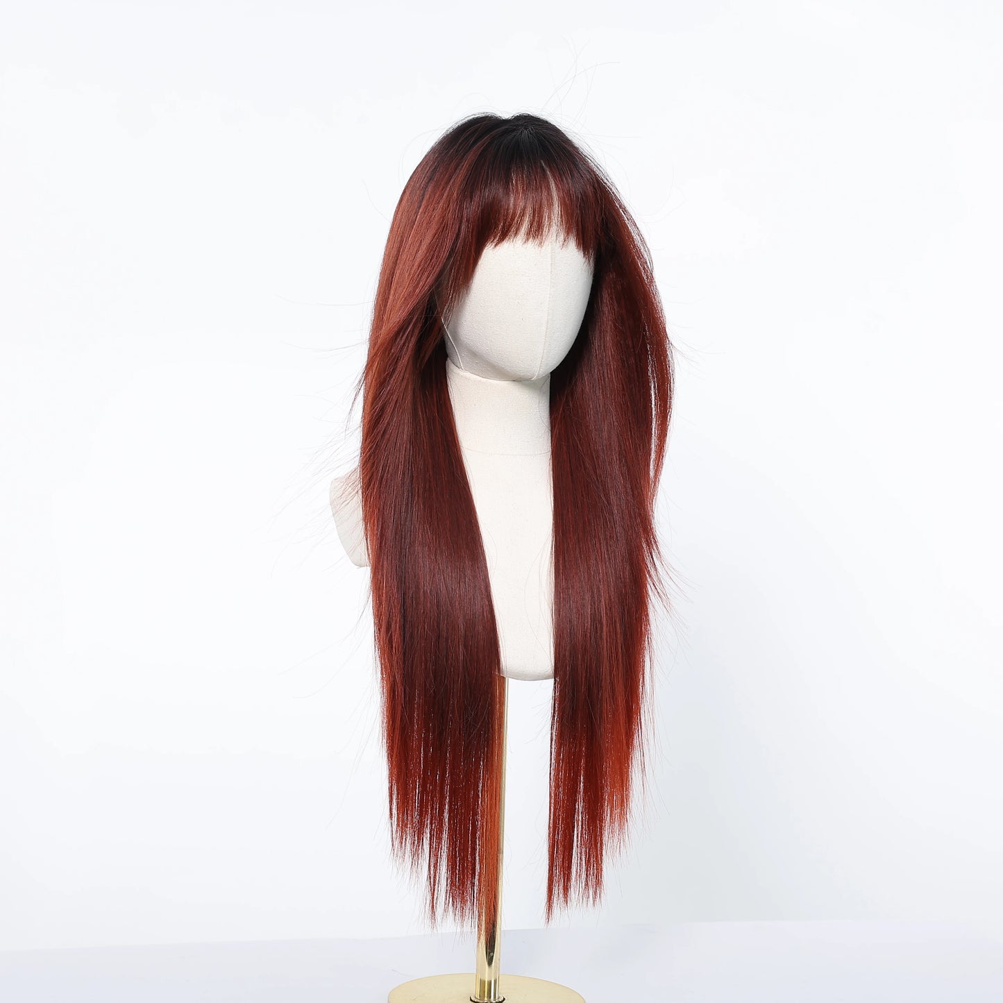 Burgundy Wine Red Ombre Layered Synthetic Wigs With Bangs Super Long Straight Wig For Women Cosplay Natural Daily Heat Resistant