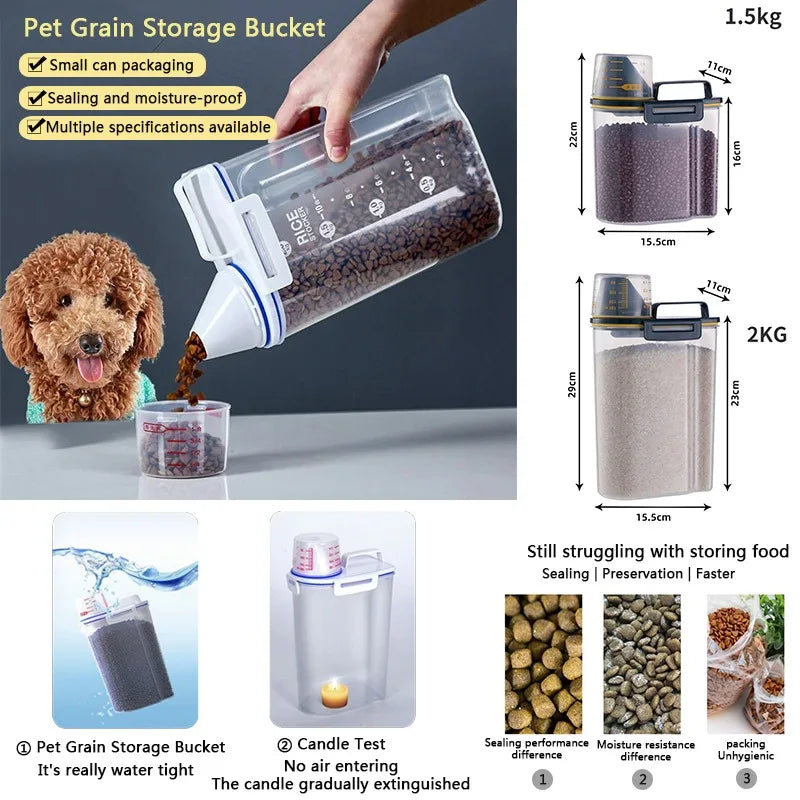 Dog Cat Food Pail Plastic Storage Tank with Measuring Cup Container Moisture-proof Sealed Jar Pet Supplies Accessories