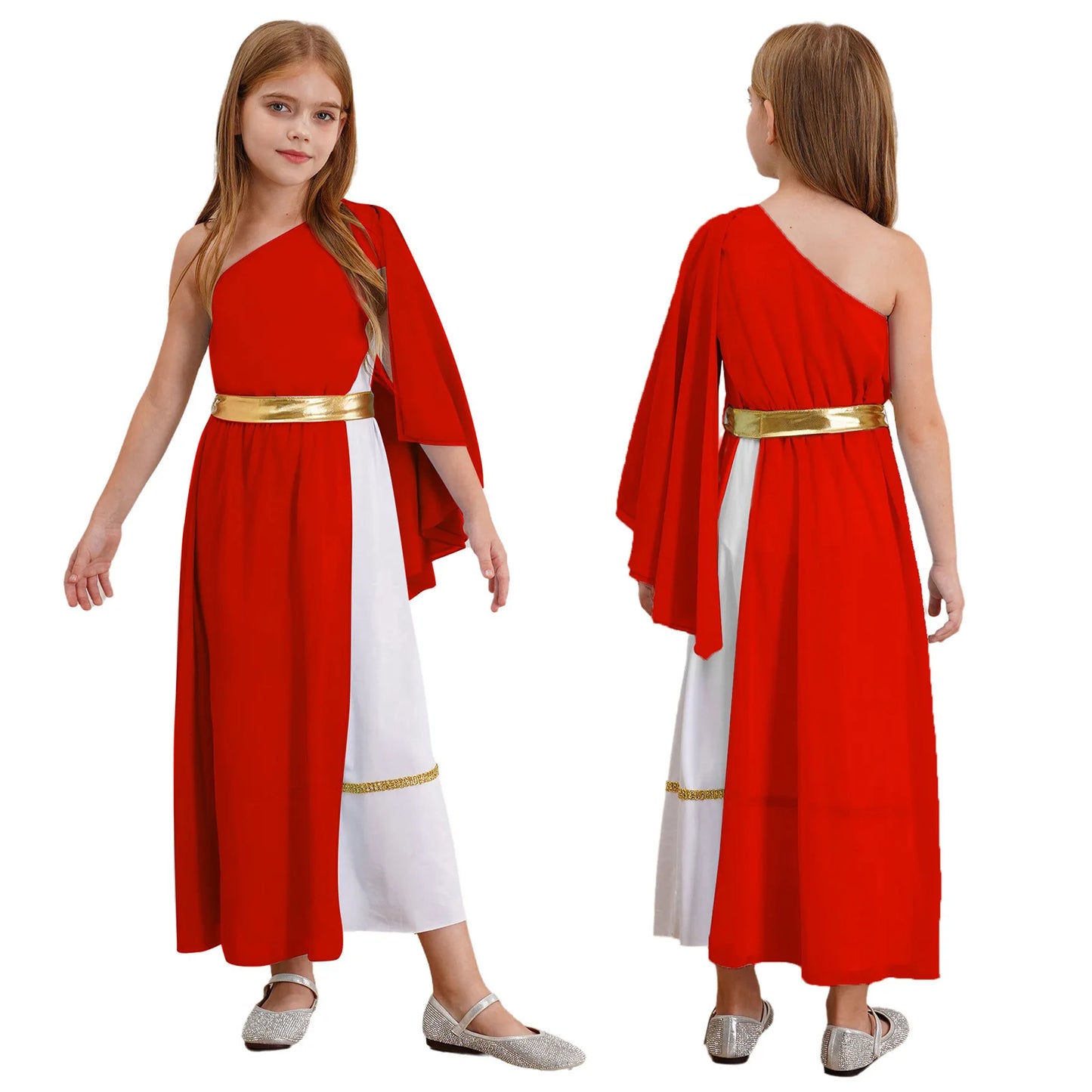 Halloween Virgin Mary Costume for Kids Girls Fancy Greek Princess Cosplay Long Sleeve Ruffle Dress with Chiffon Cape Theme Party