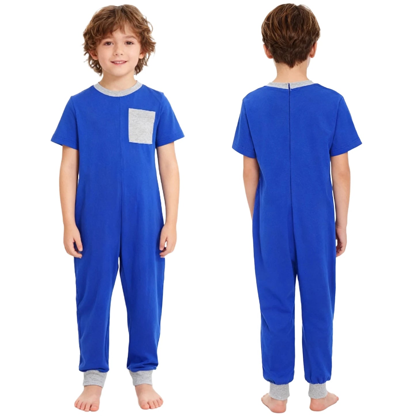 Kids Boys Girls Special Needs Adaptive Clothing Cotton Round Neck Short Sleeve Back Zipper Solid Color Full Body Jumpsuit Romper
