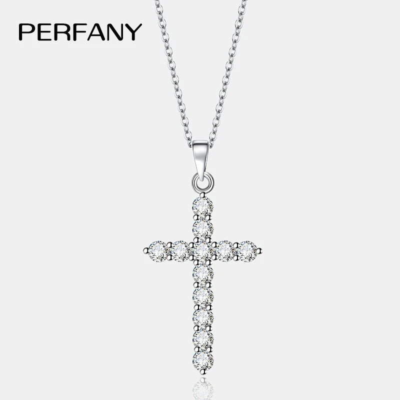 PERFANY All Moissanite Necklace for Women S925 Pure Silver Cross Design Pendant Laboratory Certified Diamond Fashion Jewelry