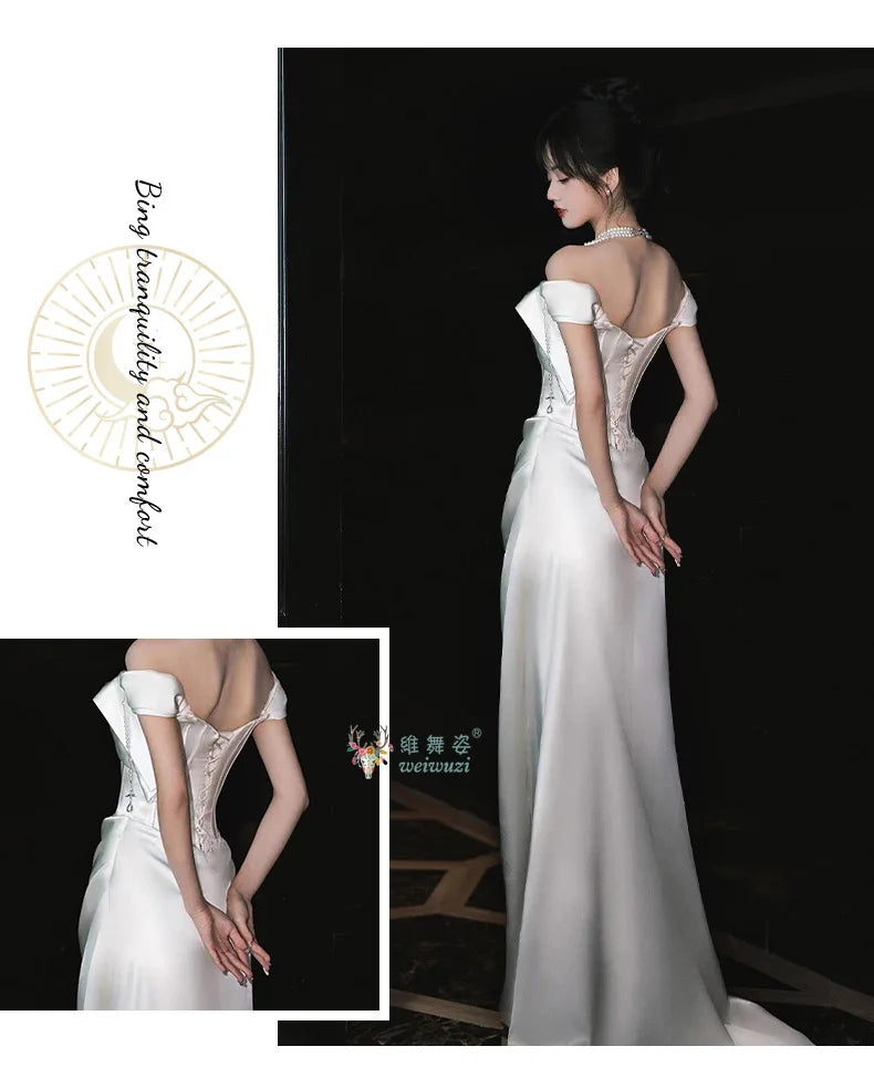 French Style Luxury Pleat Satin Strapless Light Wedding Bridal Dress Off-Shoulder Light Wedding Dress Birthday Party Prom Gowns