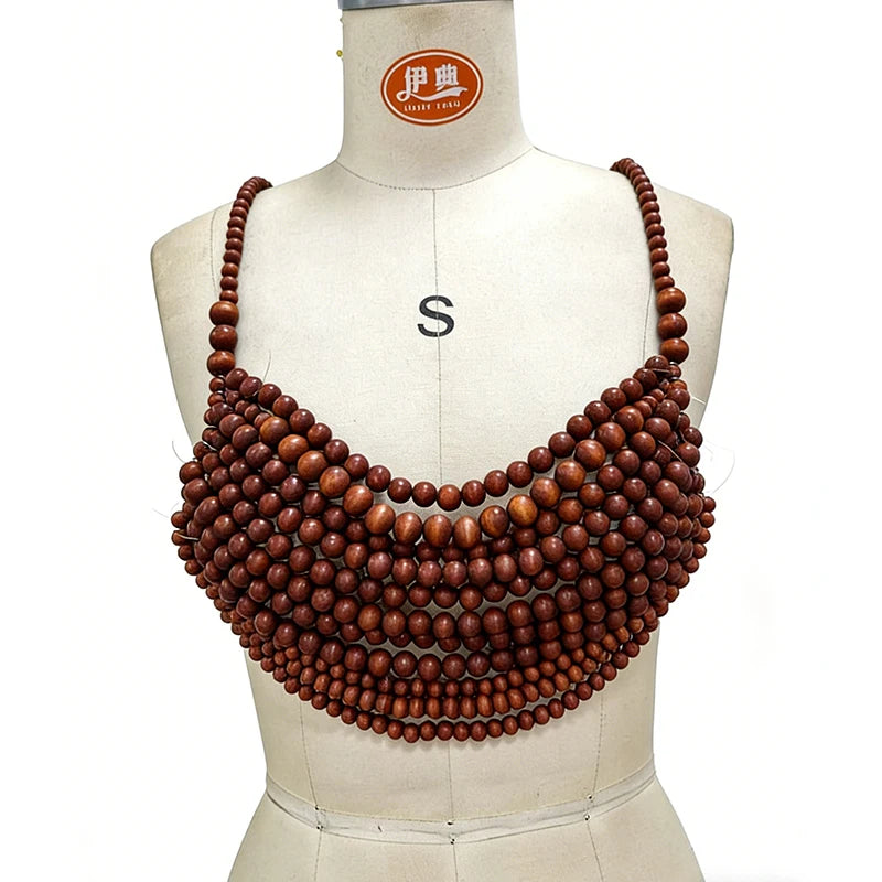 2026 New Arrival Women Brown Hand-beaded Bra Top Bikini Cover Up Statement Body Chain Wooden Beaded Top