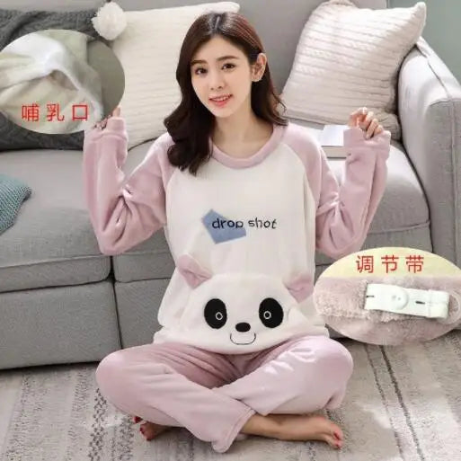 Autumn Long Sleeve flannel Maternity Clothing winter Thin coral fleece Pajamas Set Pregnant Women Breastfeeding Nursing Pyjama