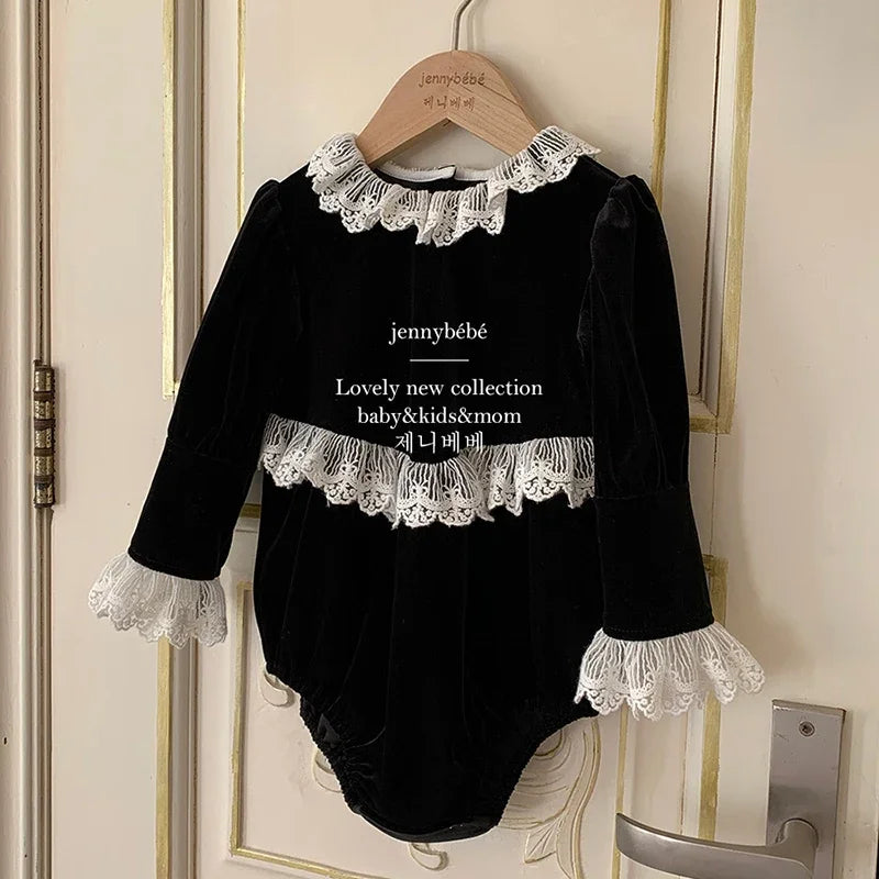 Newborn Baby Girls Lace Rompers Velvet Long Sleeve Infant One-Pieces Baby Bodysuit for Toddler Clothing Children Outfits 0-24m