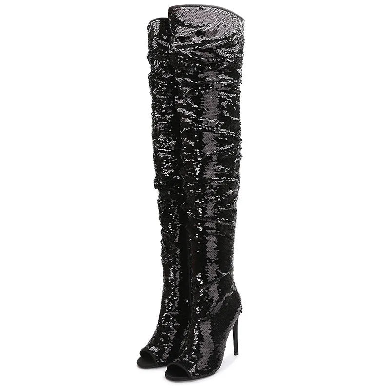Fashion Wrinkle Women Long Boots Blue Sequined High Heels 11CM Nightclub Queen Peep Toe Shoes Shiny Over The Knee Boots Female