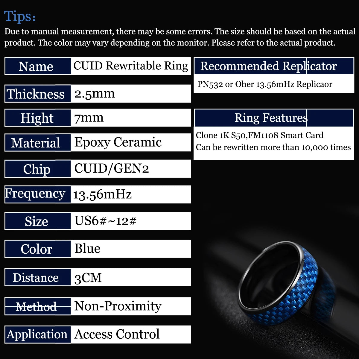 Inlay Blue or Black Carbon fiber for Men Women 7mm Ceramic Finger Ring,Gen2 Rewritable 13.56mHz  UID 1K S50 Smart Jewerly Ring