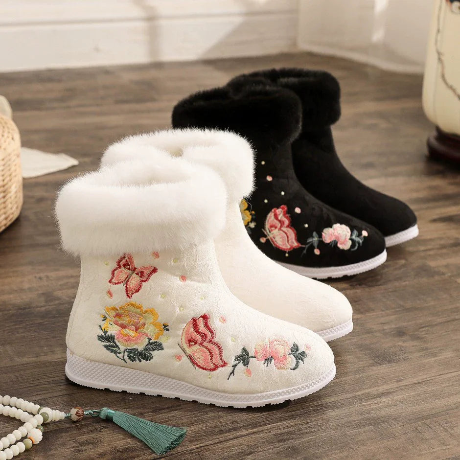 Winter Fashion Shoes Embroidered Fur Boots For Woman Bota Ancient Costume Botines Para Mujeres Hanfu Women's Boots Botas Mujer