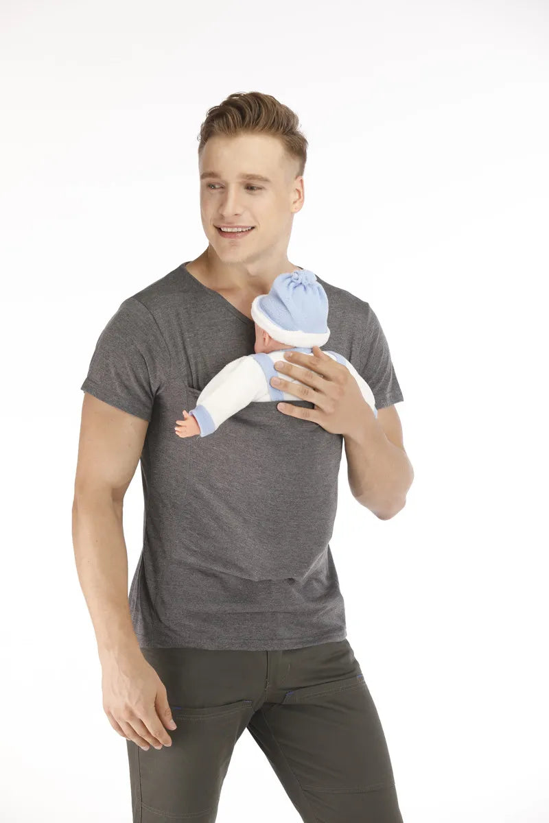 Kangaroo Pocket T-Shirt Nylon Cotton Father Mother Short Sleeves Tops Baby Summer Pregnancy Safety Carrier Feeding Clothing