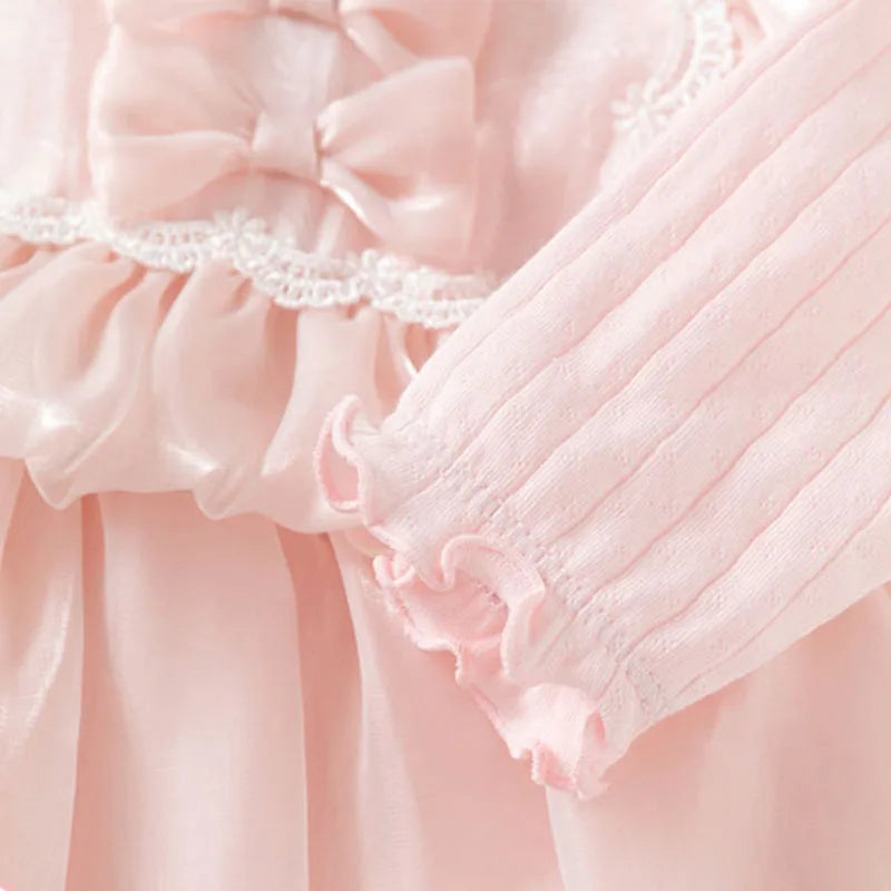 Spring Autumn Newborn Girls Clothes Korean Cute Bow Mesh Cotton Long Sleeve Princess Bodysuits+Hat Baby Boutique Clothing B038