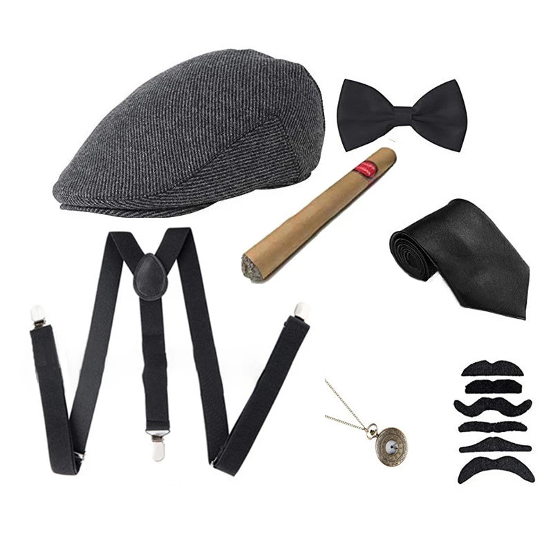 Halloween 1Set 1920's Cosplay Costume Hat Pocket Watch Neck Tie Moustache Bowtie Gatsby Masquerade Accessories