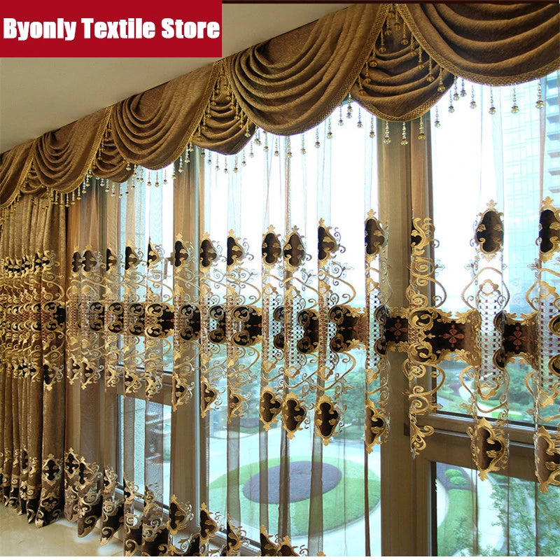Embroidered Chenille Velvet Curtains for Living Room Bedroom European Modern Brown Gold Sheer Tulle Windows Backdrop Valance