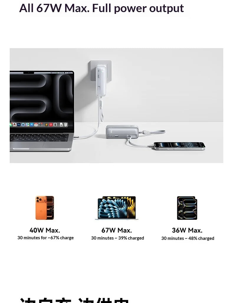 Baseus 67W Pro 3 In 1 Portable Power Bank Retractable Cable Charger 3C Certified Airline Approved For Smartphone 10000mah