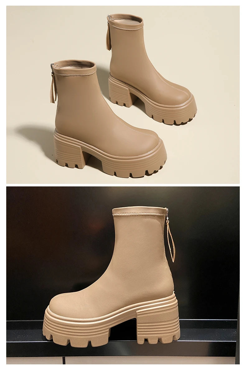 8CM Autumn Chunky Boots High Platform Leather Sneakers Women Round Toe Chelsea Boots British Style Thick Sole Female Ankle Shoes