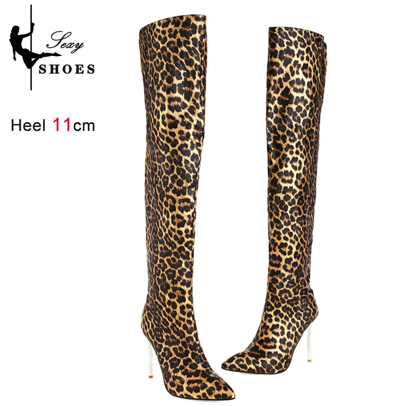 Long Boots for Women Dark Blue Pointed Toe Metal Stiletto Heel Patent Leather Over-the-Knee Female Shoes Large Size Short Plush