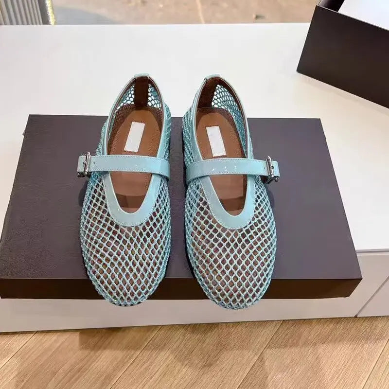 Designer brand original mesh buckle ballet sandals with women's hollow flat bottom Mary Jane mesh fishing net shoes