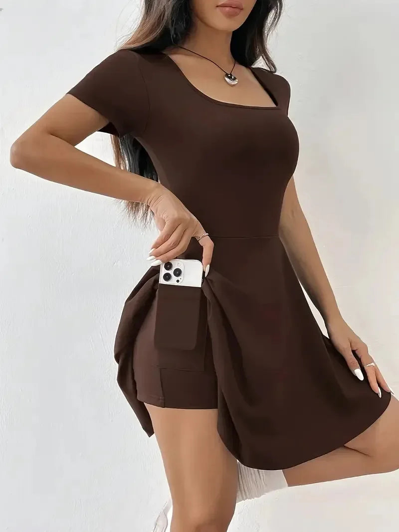 Summer 2025 Brown Knitted Short Casual Dress Mini Skirt Length Polyester Fiber Square Collar Empire Waistline Regular Sleeve