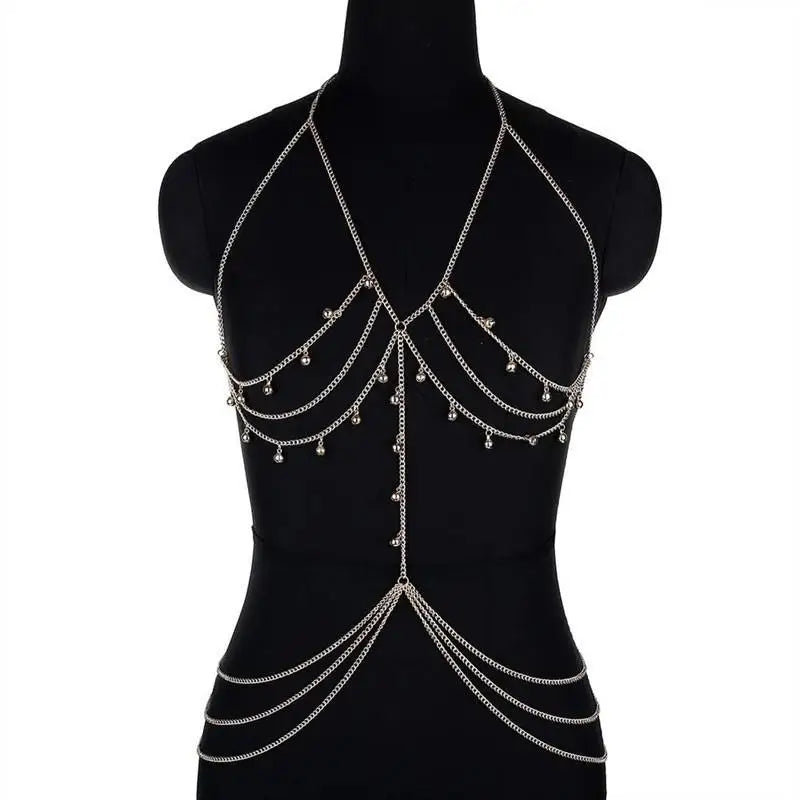 Women Sexy Silver Color Multi-layer Link Chain Chest Necklace Belly Bodychain Girls Bra Bikini Accessories Beach Holiday Gift