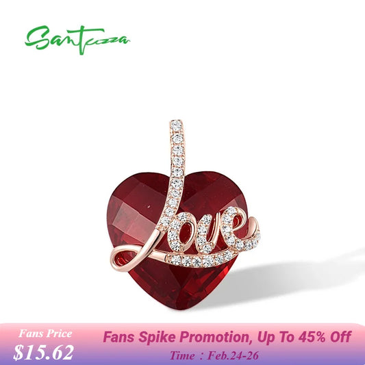 SANTUZZA Authentic 925 Sterling Silver Pendant for Women Red Stones White CZ Love Heart Pendant Valentines Gifts Fine Jewelry